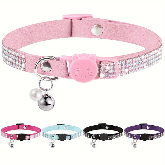 Rhinestone kattenhalsband verstelbaar 20-31 cm | Veiligheidsbuckle | Met bel | Zacht kunstleer | Voor kittens en volwassen katten