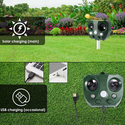 Zonne-energie Ultrasone Afweersysteem | IP44 Waterdicht | 5 Standen | Groen | Bereik tot 9m | Voor Tuin & Boerderij | LED-indicatoren