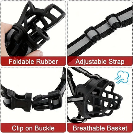 Verstelbare hondenmuilkorf van zacht rubber | Ademend ontwerp | Reflecterende nylon banden | Geschikt voor training en wandelen | Voor kleine tot grote honden