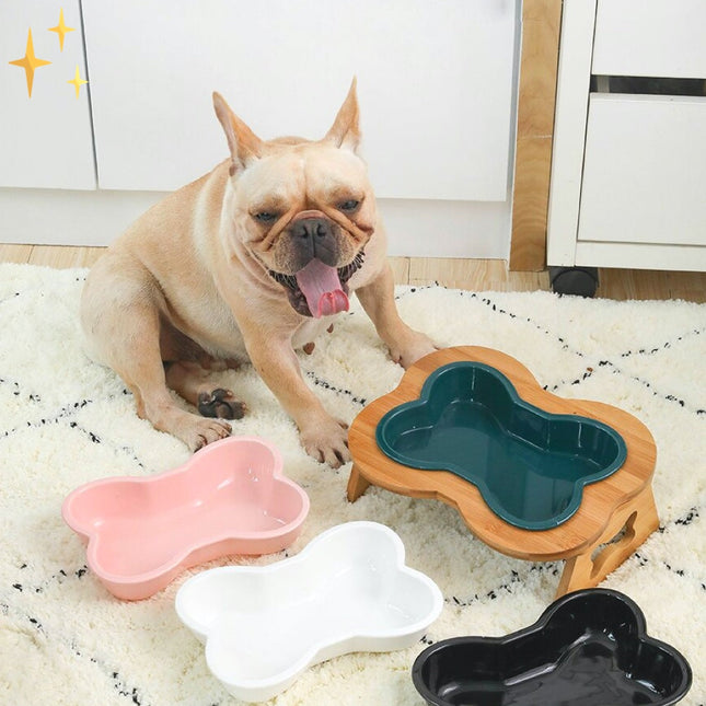 BoneFeast | Ergonomische verhoogde hondenvoerbak keramiek met houten standaard | Gemakkelijk schoon te maken | Geschikt voor alle hondenrassen