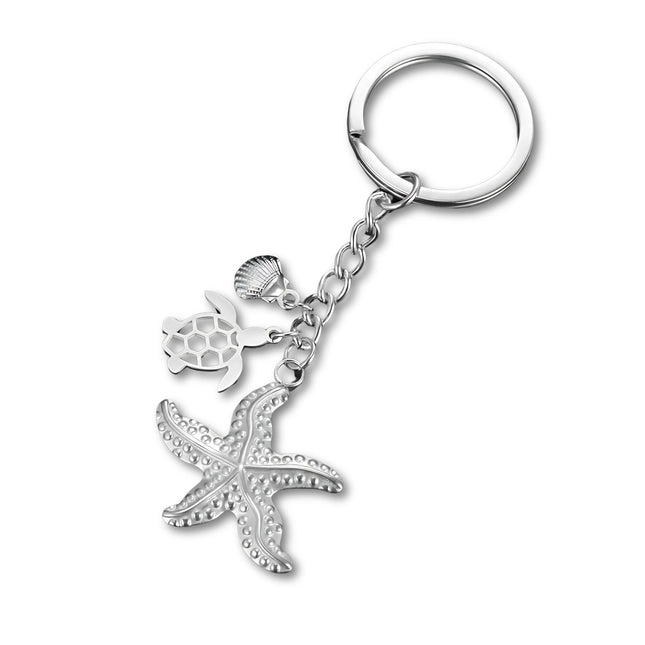 Sleutelhanger oceaan thema| RVS sleutelring met schildpad, zeester en schelp| Zomer accessoire voor rugzak| Cadeau voor strandliefhebbers| Unisex| My Shape