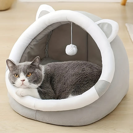 Kattenhuisje van zacht synthetisch materiaal | Met hangende speelbal | Verschillende maten | Comfortabel bed voor katten tot 7 kg | Modern ontwerp