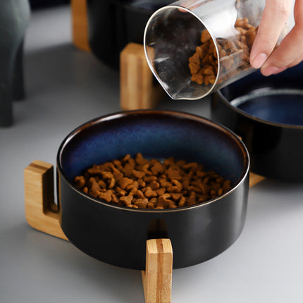 CelestiPaw Ceramic Food Bowl | Double Bowl Wood | Stylish Cat & Dog Food Bowl | Comfortable Design | Easy to Clean | Heavenly Style | Ceramic for Cats & Dogs | Stylish and Functional