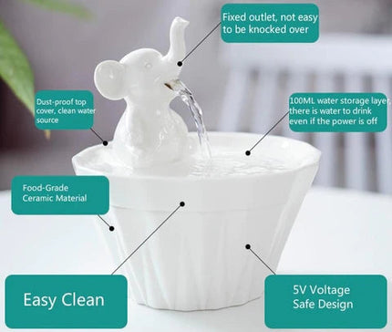 Katwaterfontein Olifant 1.2L | USB Automatisch Keramisch | Filter | Veilig en Duurzaam | Stressverlichtend | Hoogwaardige Materialen | Slimme Sensor | Tijger & Puppy Geschikt