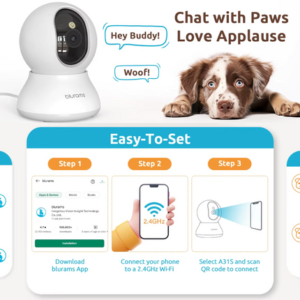 Blurams 2K Binnencamera voor Huisdieren | 360° Rotatie | Tweeweg-Audio | Kleurnachtzicht | Wifi-verbinding | PTZ-Functie