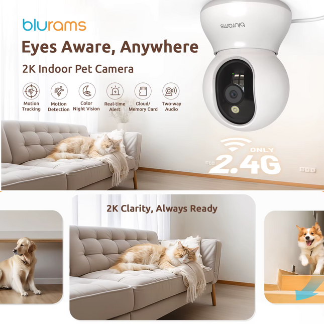 Blurams 2K Binnencamera voor Huisdieren | 360° Rotatie | Tweeweg-Audio | Kleurnachtzicht | Wifi-verbinding | PTZ-Functie