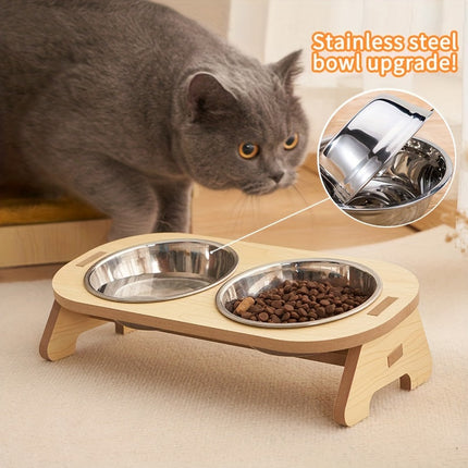 Verhoogde kattenvoerbak set van hout en roestvrij staal | Ergonomische dubbele voerbak | Comfortabel eten en drinken voor katten | Makkelijk schoon te maken | Stabiel en duurzaam | 31,5 x 16 x 8 cm
