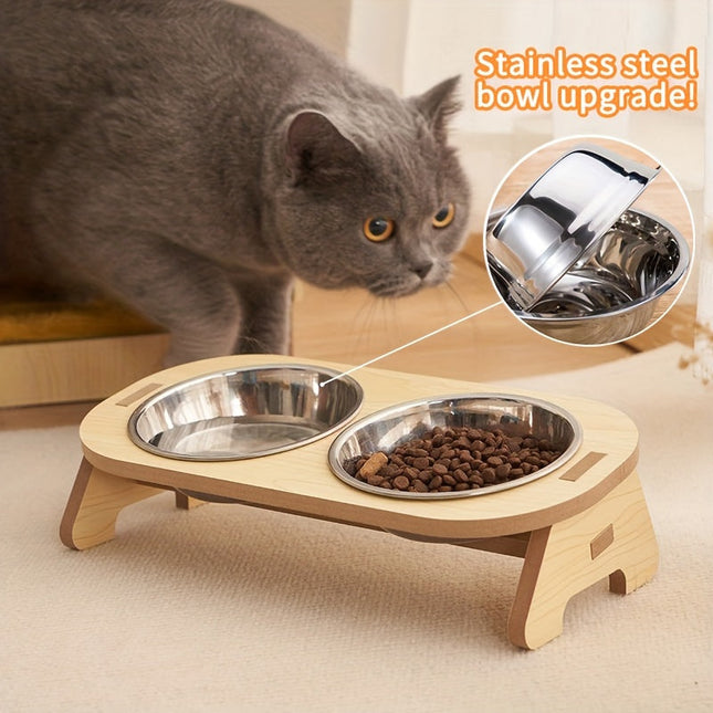 Verhoogde kattenvoerbak set van hout en roestvrij staal | Ergonomische dubbele voerbak | Comfortabel eten en drinken voor katten | Makkelijk schoon te maken | Stabiel en duurzaam | 31,5 x 16 x 8 cm