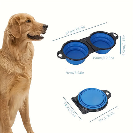 Opvouwbare dubbele hondenbak | 2-in-1 voer- en drinkbak | 350 ml per bak | siliconen & kunststof | ideaal voor reizen, wandelen, kamperen | lichtgewicht & draagbaar | blauw-zwart