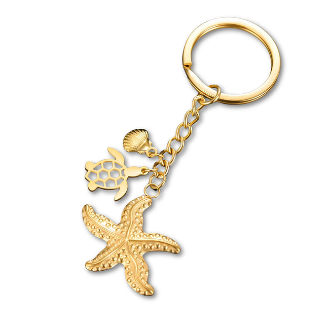 Sleutelhanger oceaan thema | Schildpad, zeester & schelp hanger | RVS | Trendy sleutelhanger voor tas, rugzak of sleutelbos | Zomercadeau strandliefhebber