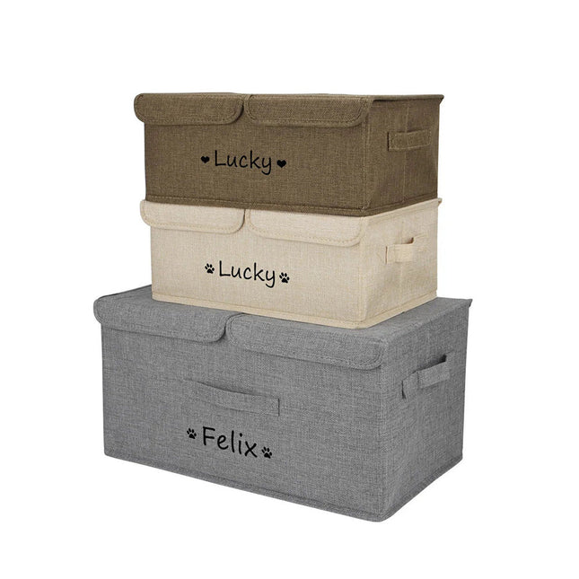 Gepersonaliseerde Opbergbox voor Huisdier Speelgoed | Duurzaam Polyester | Verkrijgbaar in Grijs, Bruin, Khaki, Groen | Maten S en L | Met Deksel voor Organisatie en Netheid | Aanpasbaar met Naam