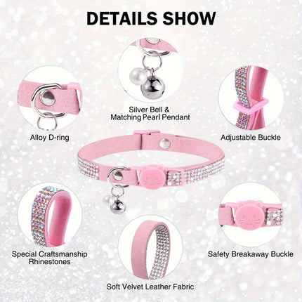 Rhinestone kattenhalsband verstelbaar 20-31 cm | Veiligheidsbuckle | Met bel | Zacht kunstleer | Voor kittens en volwassen katten