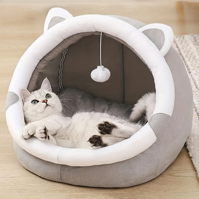 Kattenhuisje van zacht synthetisch materiaal | Met hangende speelbal | Verschillende maten | Comfortabel bed voor katten tot 7 kg | Modern ontwerp