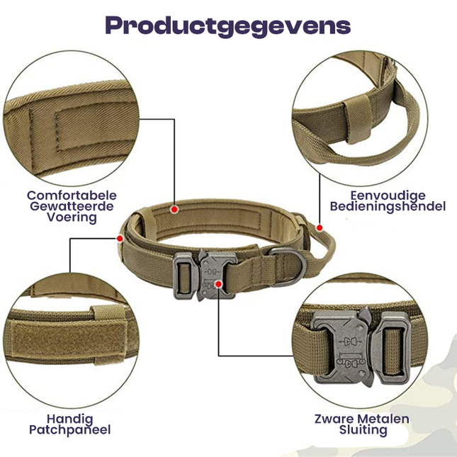 Tactische Hondenhalsband Set | Verstelbaar Nylon | Comfortabele Gewatteerde Voering | Heavy-Duty Metalen Sluiting | Geschikt voor Actieve Honden | Verschillende Kleuren | Inclusief Handvat en Patchpaneel