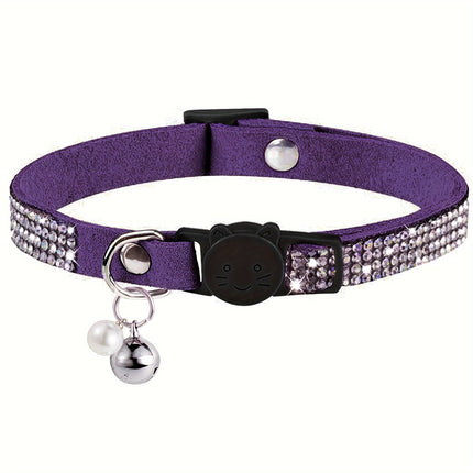 Rhinestone kattenhalsband verstelbaar 20-31 cm | Veiligheidsbuckle | Met bel | Zacht kunstleer | Voor kittens en volwassen katten