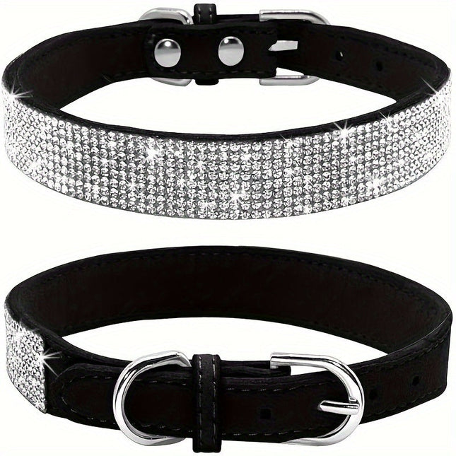 Verstelbare hondenhalsband leer met strass | Duurzaam en sterk | Geschikt voor kleine en middelgrote honden | Elegante look | Comfortabele pasvorm