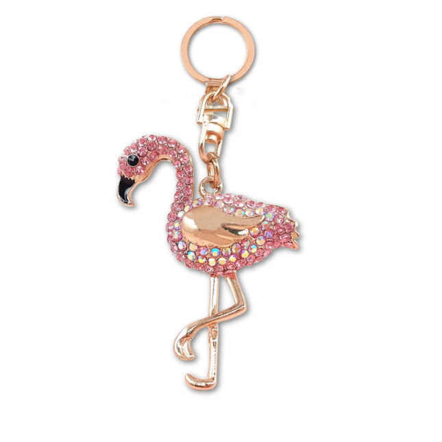 Sleutelhanger Flamingo met Strass Steentjes | Schattige Dieren Sleutelhanger voor Auto, Telefoon of Tas | Metalen Keyring | Cadeau voor Vrouwen & Meisjes | 12,5x5cm | Fashion Accessoire