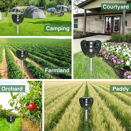 Zonne-energie Ultrasone Afweersysteem | IP44 Waterdicht | 5 Standen | Groen | Bereik tot 9m | Voor Tuin & Boerderij | LED-indicatoren