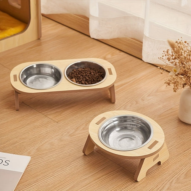 Verhoogde kattenvoerbak set van hout en roestvrij staal | Ergonomische dubbele voerbak | Comfortabel eten en drinken voor katten | Makkelijk schoon te maken | Stabiel en duurzaam | 31,5 x 16 x 8 cm