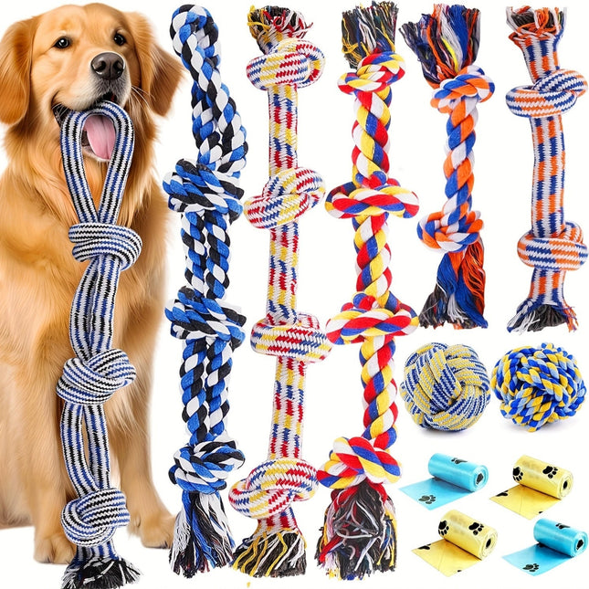 4-delige Honden Speelgoedset | Stevig touw en ballen | Duurzaam kauwspeelgoed voor alle hondenrassen | Bevordert tandreiniging en actief spel