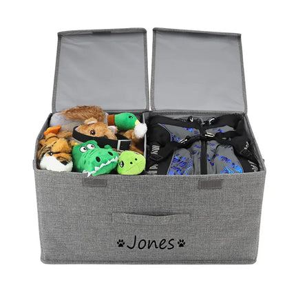 Gepersonaliseerde Opbergbox voor Huisdier Speelgoed | Duurzaam Polyester | Verkrijgbaar in Grijs, Bruin, Khaki, Groen | Maten S en L | Met Deksel voor Organisatie en Netheid | Aanpasbaar met Naam