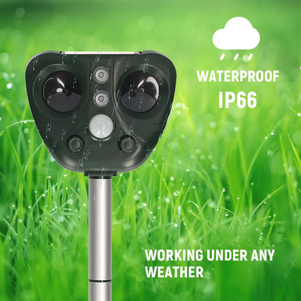 Zonne-energie Ultrasone Afweersysteem | IP44 Waterdicht | 5 Standen | Groen | Bereik tot 9m | Voor Tuin & Boerderij | LED-indicatoren
