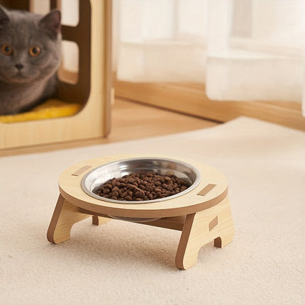 Verhoogde kattenvoerbak set van hout en roestvrij staal | Ergonomische dubbele voerbak | Comfortabel eten en drinken voor katten | Makkelijk schoon te maken | Stabiel en duurzaam | 31,5 x 16 x 8 cm