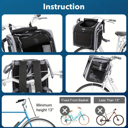 Uitbreidbare fietsmand voor huisdieren | Voor kleine honden en katten tot 8 kg | Ademend polyester | 4 mesh-vensters | Snel te bevestigen op fiets | Geschikt voor stuurpen vanaf 28 cm