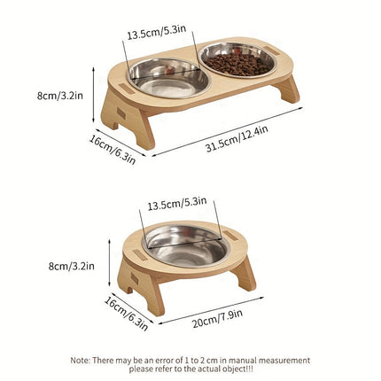 Verhoogde kattenvoerbak set van hout en roestvrij staal | Ergonomische dubbele voerbak | Comfortabel eten en drinken voor katten | Makkelijk schoon te maken | Stabiel en duurzaam | 31,5 x 16 x 8 cm