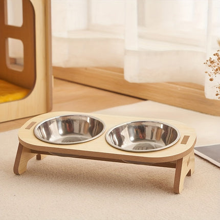 Verhoogde kattenvoerbak set van hout en roestvrij staal | Ergonomische dubbele voerbak | Comfortabel eten en drinken voor katten | Makkelijk schoon te maken | Stabiel en duurzaam | 31,5 x 16 x 8 cm