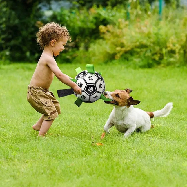 Duurzame Apporteerbal met Grijplipjes | Interactief Kauwspeelgoed voor Honden | Rubberen Voetbal voor Middelgrote en Grote Honden | Binnen- en Buitenplezier | Bevordert Gezond Gebit