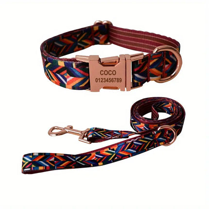 Gepersonaliseerde katoenen set met gegraveerd identificatie-label | Verstelbare halsband en bijpassende lijn voor stijlvolle veilige wandelingen | Maten S-XL