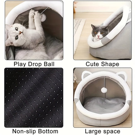 Kattenhuisje van zacht synthetisch materiaal | Met hangende speelbal | Verschillende maten | Comfortabel bed voor katten tot 7 kg | Modern ontwerp