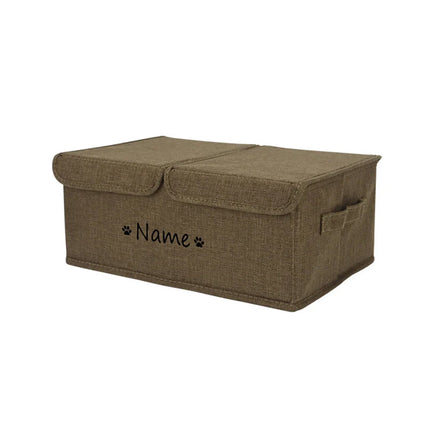 Gepersonaliseerde Opbergbox voor Huisdier Speelgoed | Duurzaam Polyester | Verkrijgbaar in Grijs, Bruin, Khaki, Groen | Maten S en L | Met Deksel voor Organisatie en Netheid | Aanpasbaar met Naam