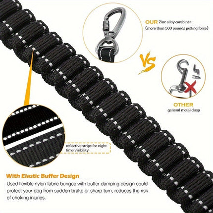 Verstelbare bungee hondenriem | Schokabsorberend nylon | Reflecterende stiksels | Gevoerde handgrepen | 125-190 cm lang | Geschikt voor grote honden