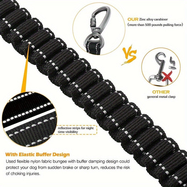 Verstelbare bungee hondenriem | Schokabsorberend nylon | Reflecterende stiksels | Gevoerde handgrepen | 125-190 cm lang | Geschikt voor grote honden