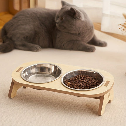 Verhoogde kattenvoerbak set van hout en roestvrij staal | Ergonomische dubbele voerbak | Comfortabel eten en drinken voor katten | Makkelijk schoon te maken | Stabiel en duurzaam | 31,5 x 16 x 8 cm
