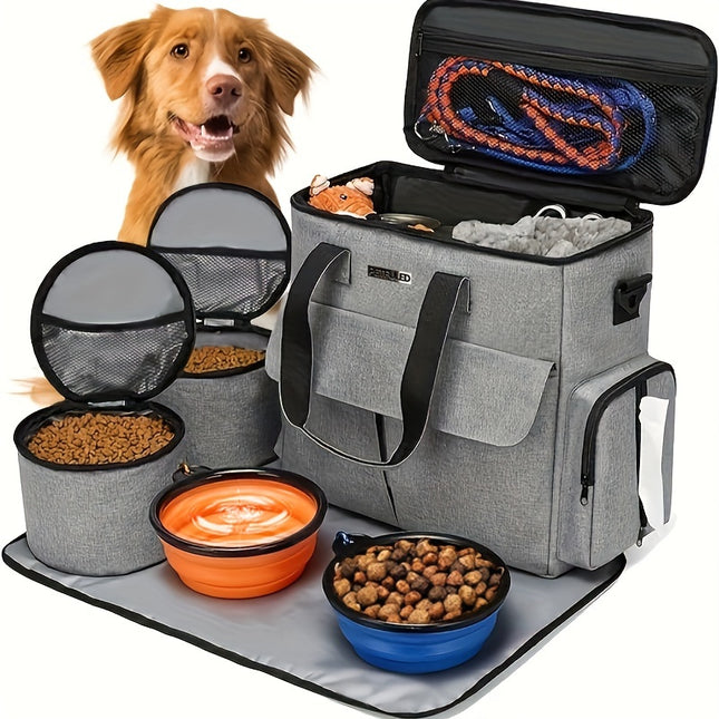 FULED Pet Travel Bag | Dog Cat Travel Set | Polyester | With Pockets, Food Bowls | 2 Food Containers, Foldable Bowls | Airline Approval Gray