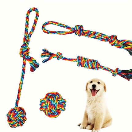 4-delige Honden Speelgoedset | Stevig touw en ballen | Duurzaam kauwspeelgoed voor alle hondenrassen | Bevordert tandreiniging en actief spel