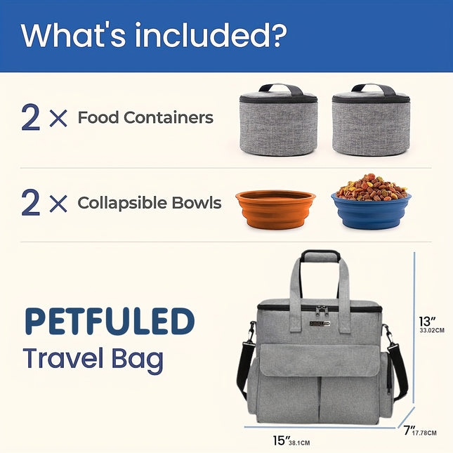 FULED Pet Travel Bag | Dog Cat Travel Set | Polyester | With Pockets, Food Bowls | 2 Food Containers, Foldable Bowls | Airline Approval Gray