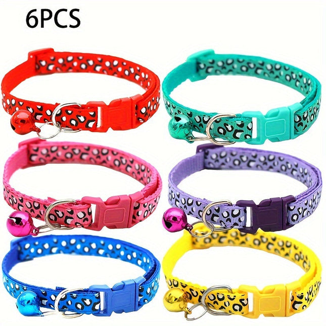 Set van 6 kattenhalsbanden met leopardprint | Verstelbaar nylon | Met veiligheidssluiting en bel | Geschikt voor alle kattenmaten