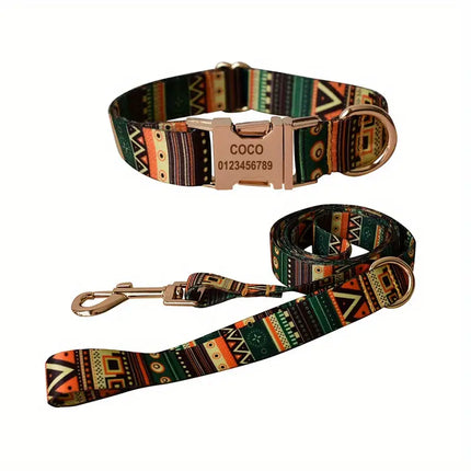 Gepersonaliseerde katoenen set met gegraveerd identificatie-label | Verstelbare halsband en bijpassende lijn voor stijlvolle veilige wandelingen | Maten S-XL