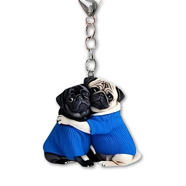 Sleutelhanger met Knuffelende Mopshonden | 2D Plat Acryl Honden Ornament | Decoratie voor Auto, Tas, Feest & Cadeau | Cartoon Dierenhanger | Unisex Gift Idee