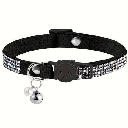 Rhinestone kattenhalsband verstelbaar 20-31 cm | Veiligheidsbuckle | Met bel | Zacht kunstleer | Voor kittens en volwassen katten