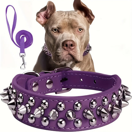 Verstelbare Spiked Hondenhalsband met Metalen Studs | Faux Leer | Inclusief Leiband | Voor Middelgrote en Grote Honden | Duurzaam en Comfortabel | Veilig voor Wandelen en Training