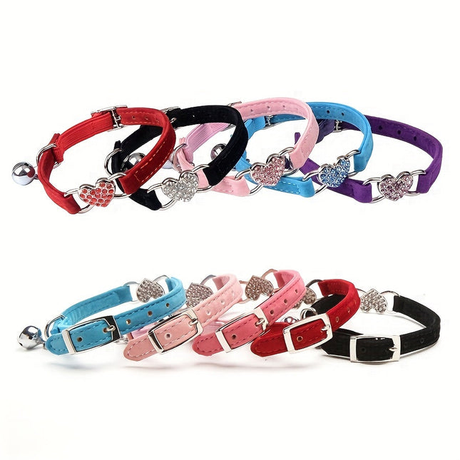 Sparkling Heart kattenhalsband | Zacht kunstleer | Verstelbaar | Glinsterend hartje en bel | Comfortabel accessoire voor katten van alle leeftijden