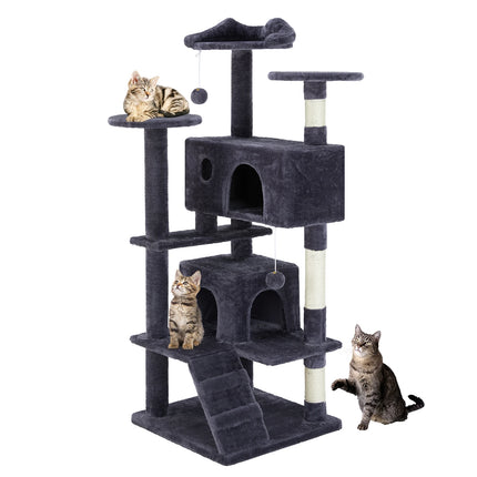JHK Kattenmeubel | Houten Kattentoren 4-laags | Speelhuis met Sisal Krabpalen | Stabiele Kattenboom | Binnenhuis Dierenspeelgoed | Pluche Bekleding | Muurbevestiging Optie