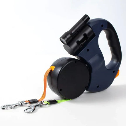 PawGlide dubbele hondenriem met 360° ontklit mechanisme | Onafhankelijke bediening | Ingebouwde zaklamp en reflecterende strips | Geschikt voor veilig wandelen met twee honden