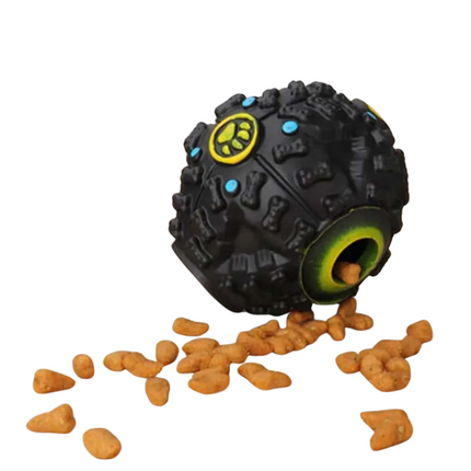 Zwarte Voerdispenser voor Honden met Geluidseffect | Ribbelstructuur voor Tandverzorging | Veilig Vinyl | 9x9x9 cm