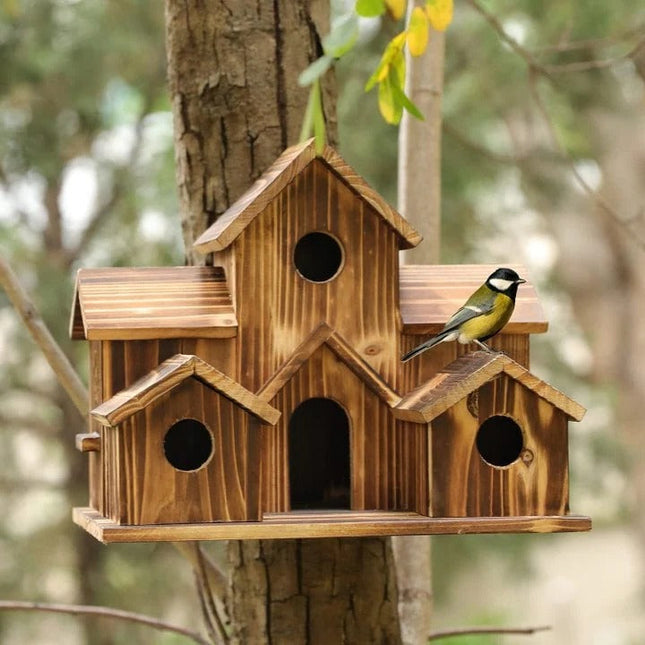 Wooden Birdhouse | Handmade | 6 Nesting Chambers | Rustic Outdoor Houses | Weatherproof & Durable | For Small Garden Birds | For Wall or Pole | Natural Construction | Perfect for Garden or Balcony